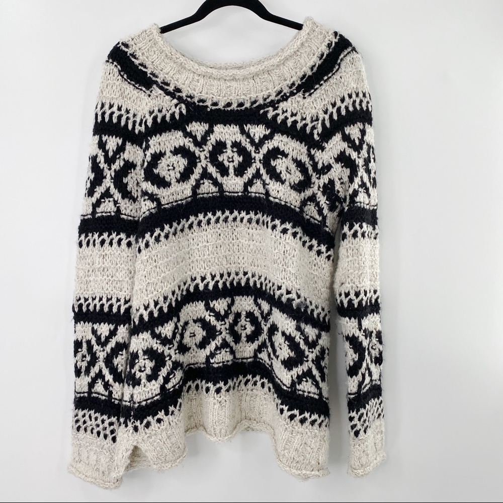 Free People Cream and Black Patterned Scoop Neck Sweater